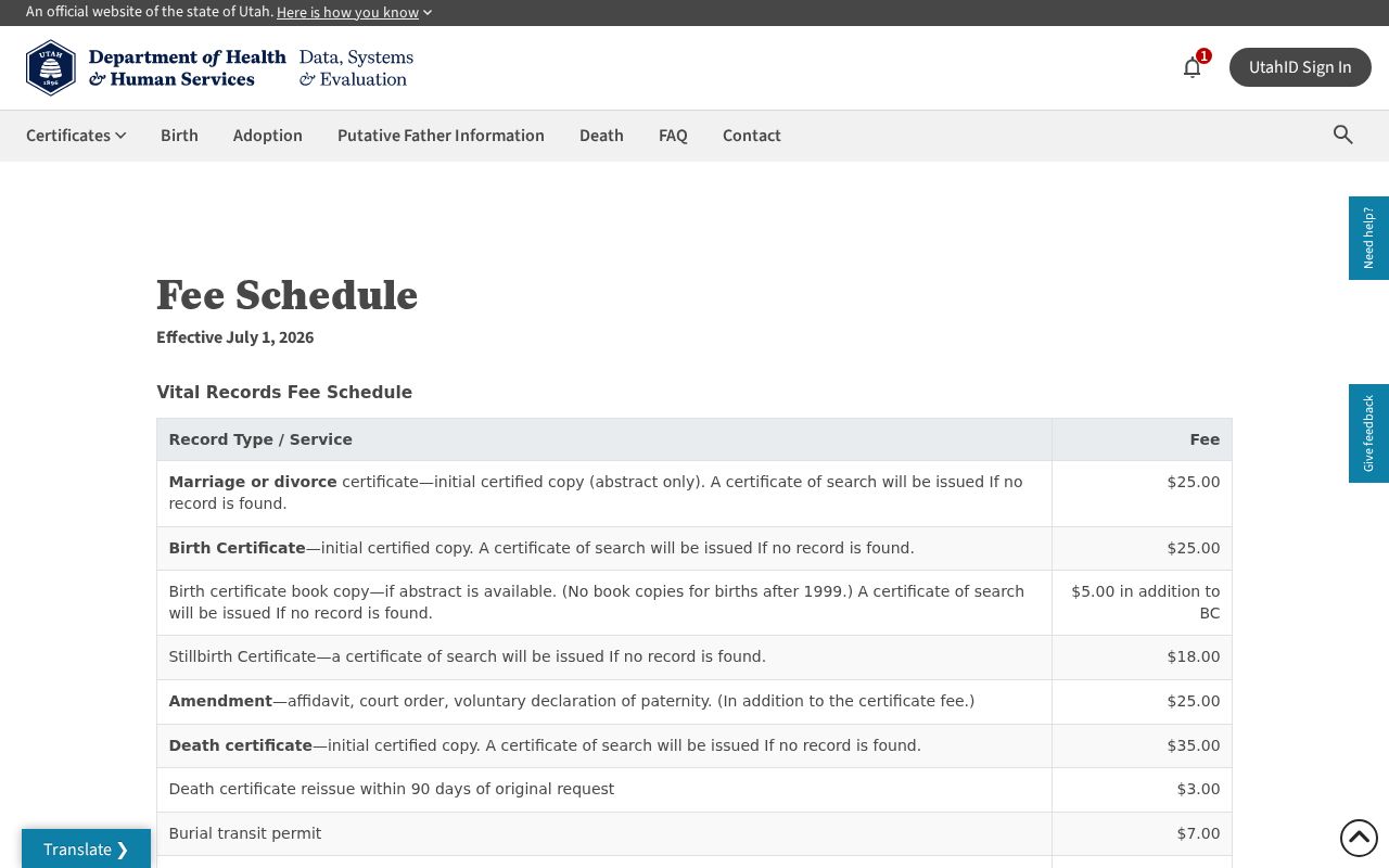 Lehi public records current Utah vital certificate fees